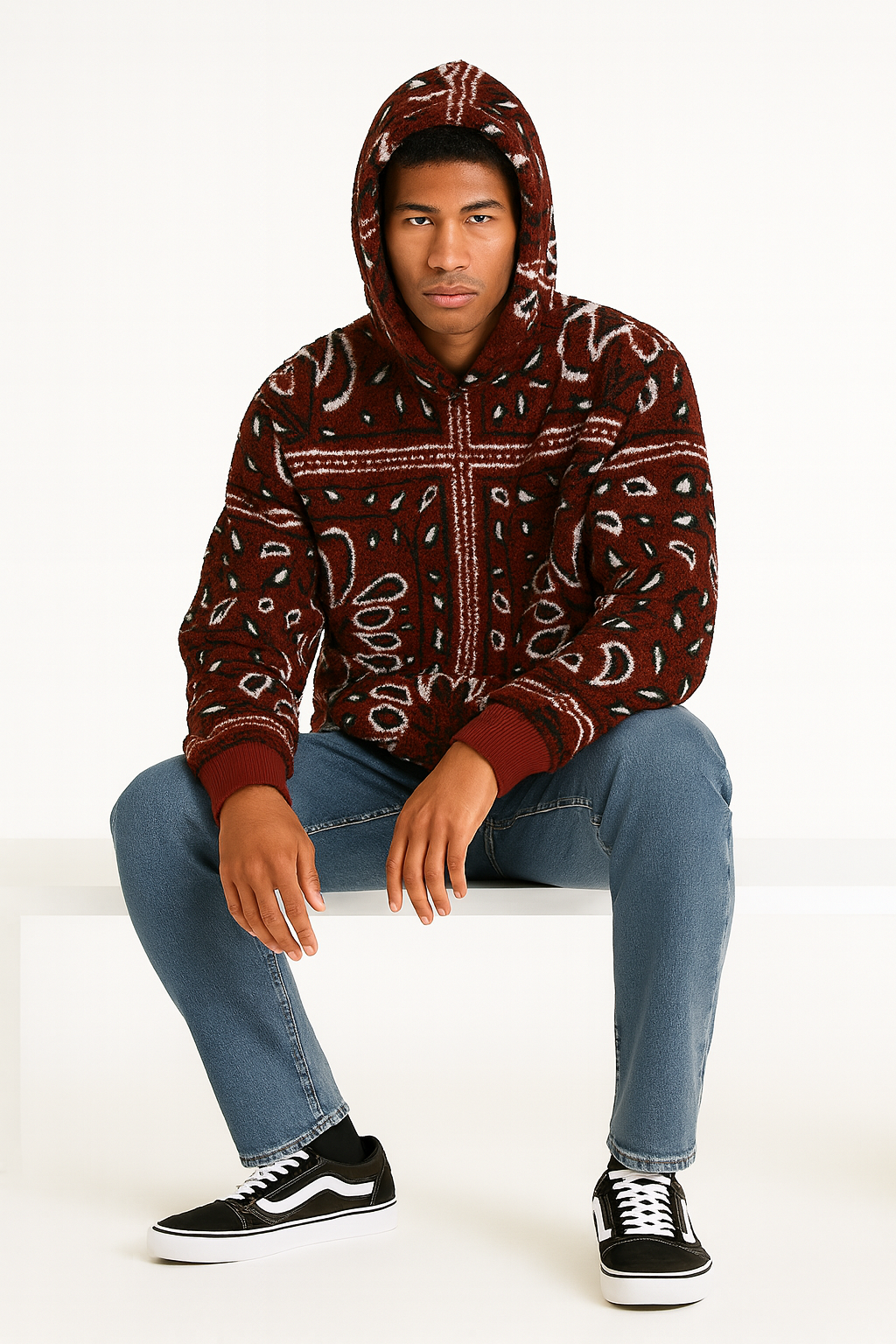Person wearing a patterned hoodie sitting on a white surface