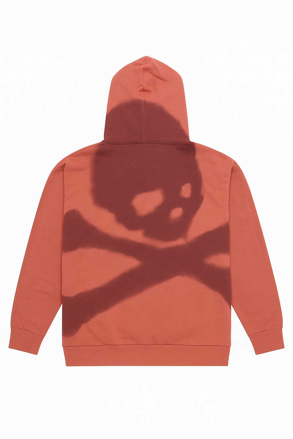 Orange hoodie with a skull and crossbones design on the back against a white background