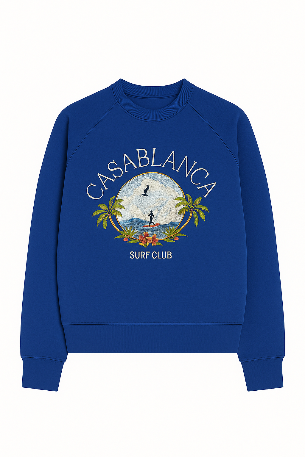 Blue sweatshirt with 'Casablanca Surf Club' graphic on a white background