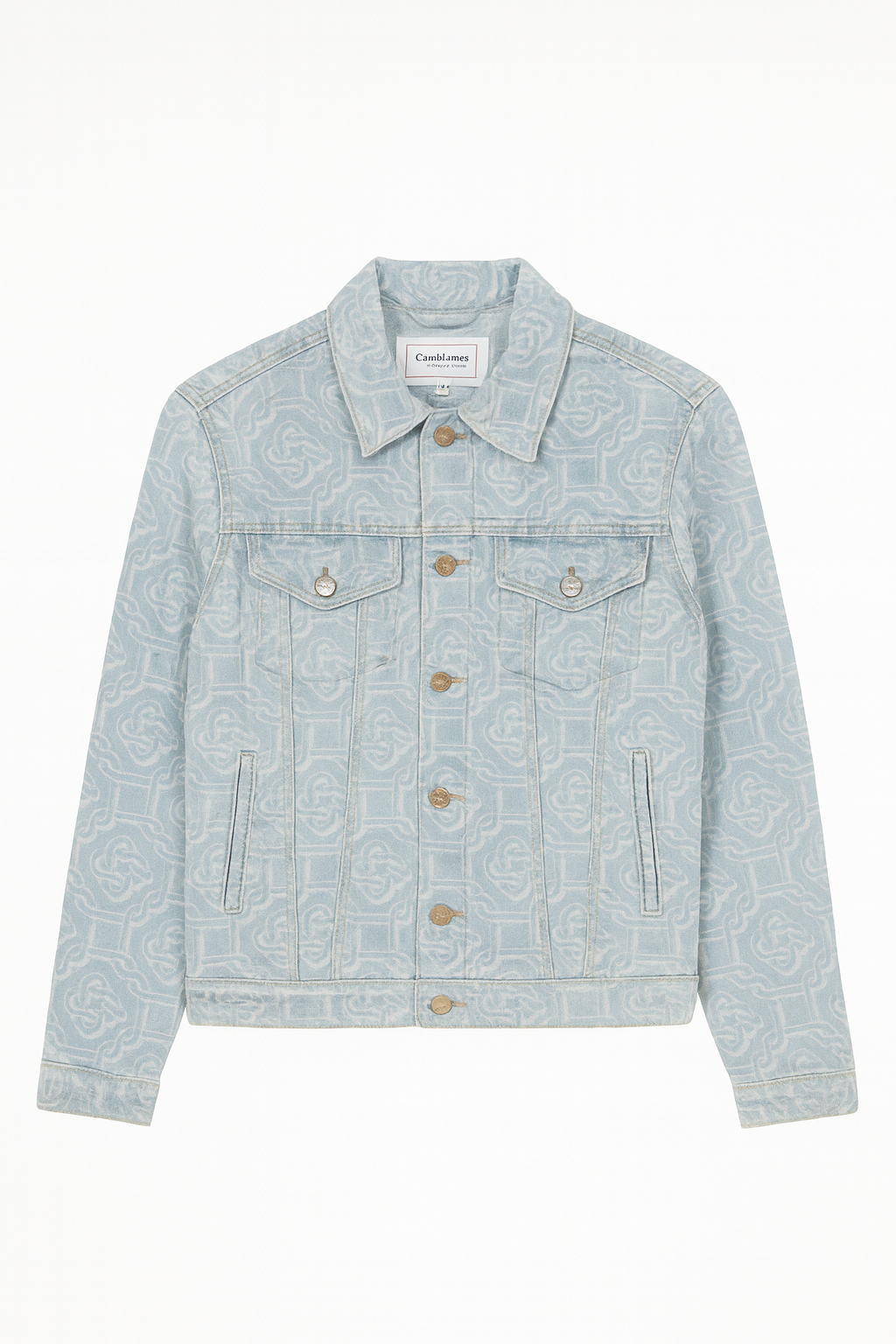 Light blue denim jacket with brand logo on a white background