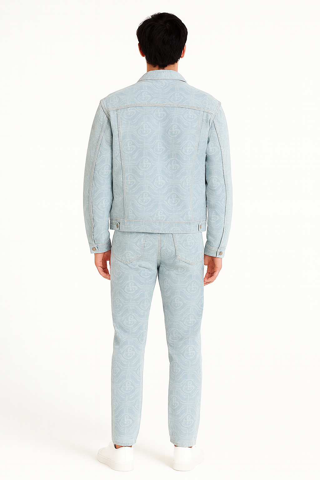 Person wearing a light blue denim jacket and pants on a white background