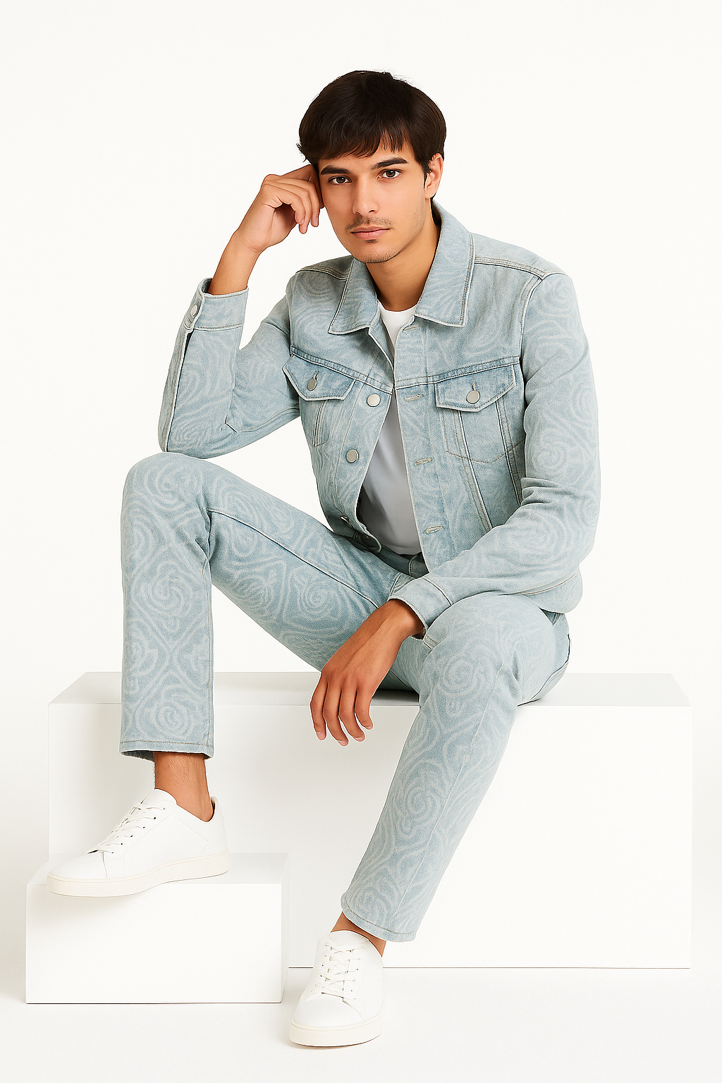 Man wearing a light blue denim outfit sitting on a white surface.