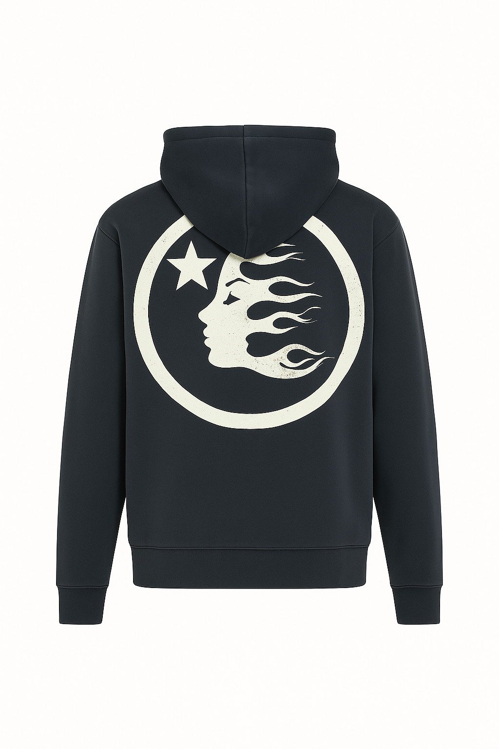 Black hoodie with a white logo on the back against a white background