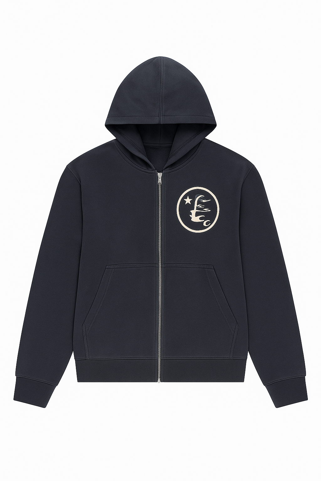 Black hoodie with a white logo on a white background