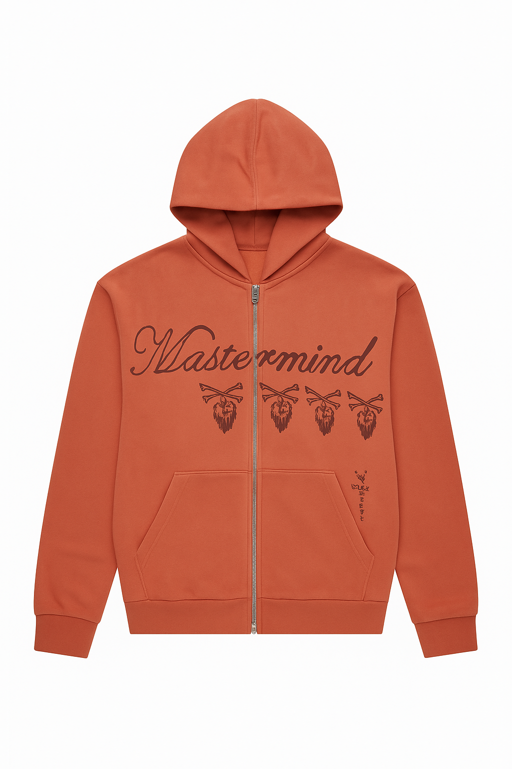 Orange hoodie with 'Mastermind' logo on a white background
