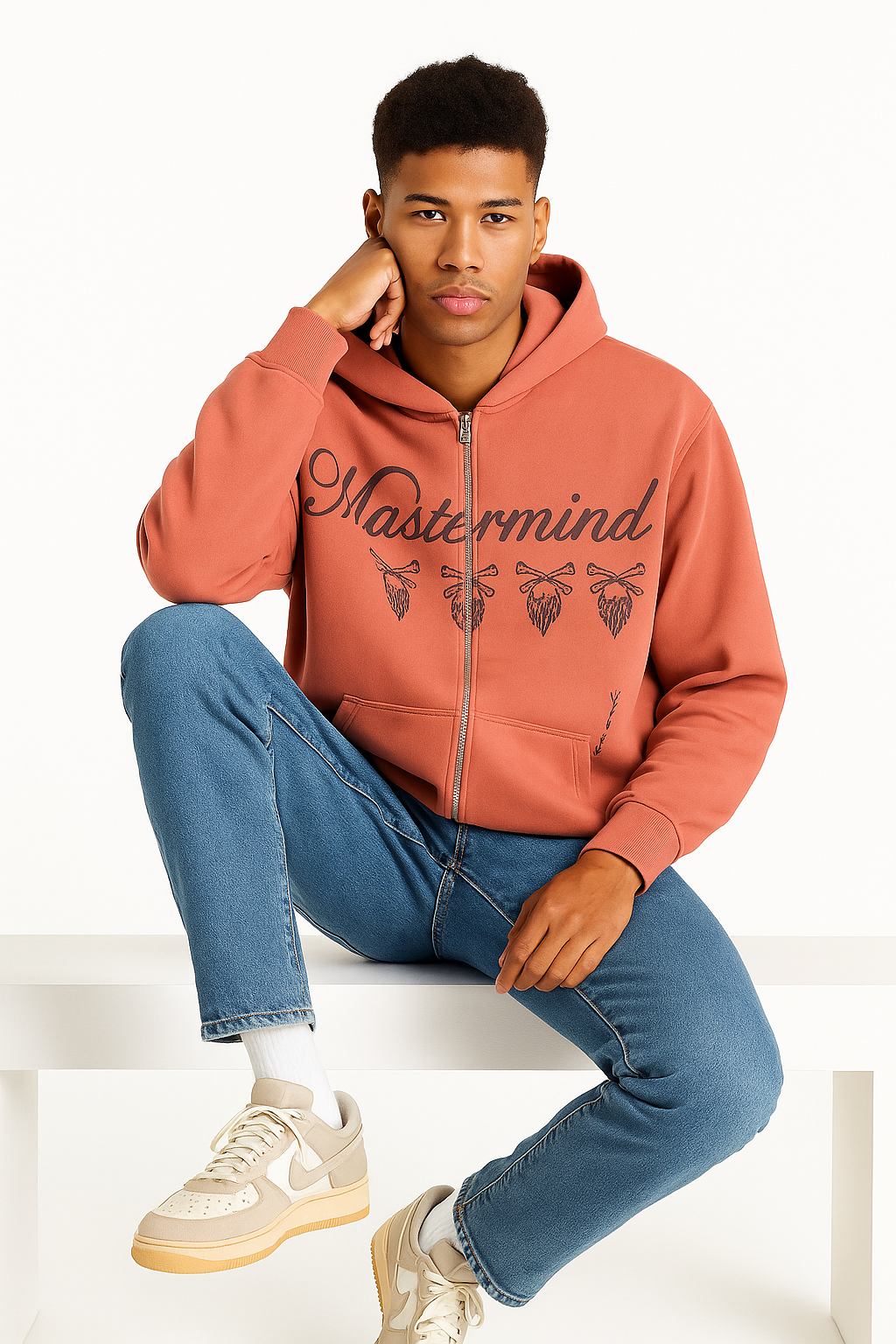 Person wearing a brown 'Mastermind' hoodie sitting on a white bench.
