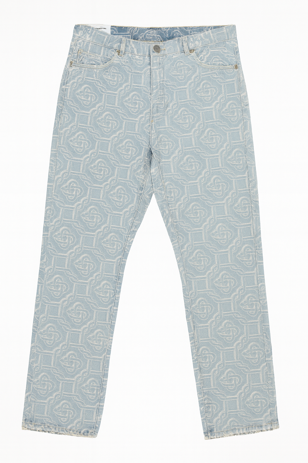 Light blue jeans with a geometric pattern on a white background