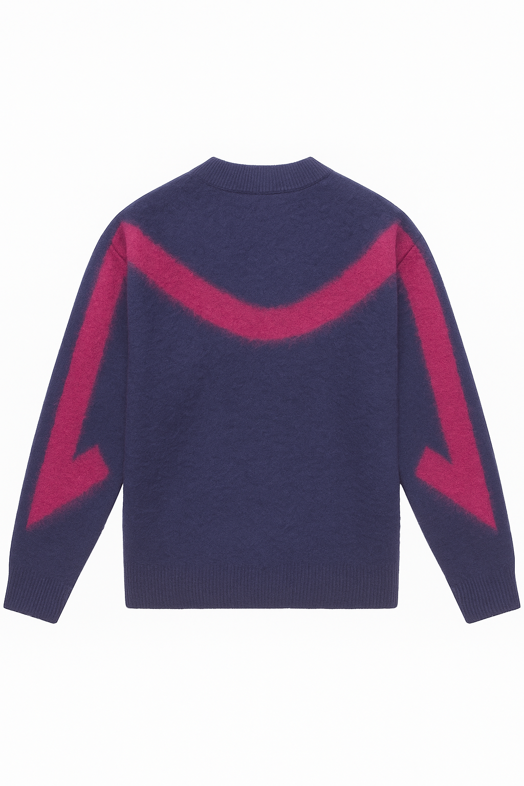 Navy sweater with red arrow designs on a white background