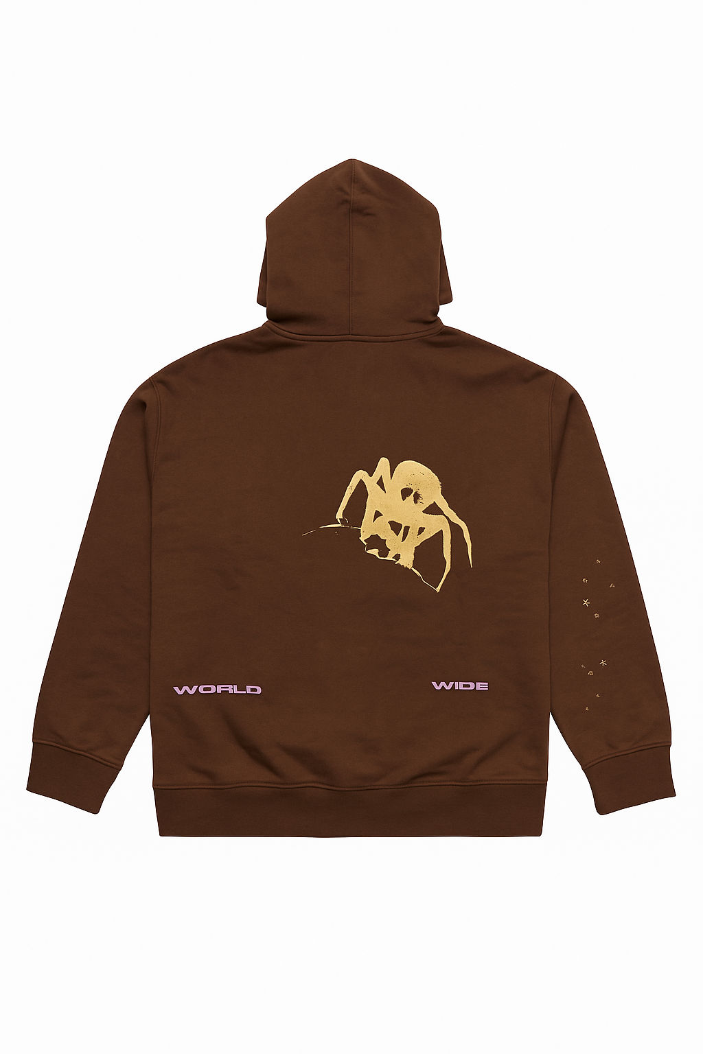 Brown hoodie with a spider graphic and text on the back, on a white background