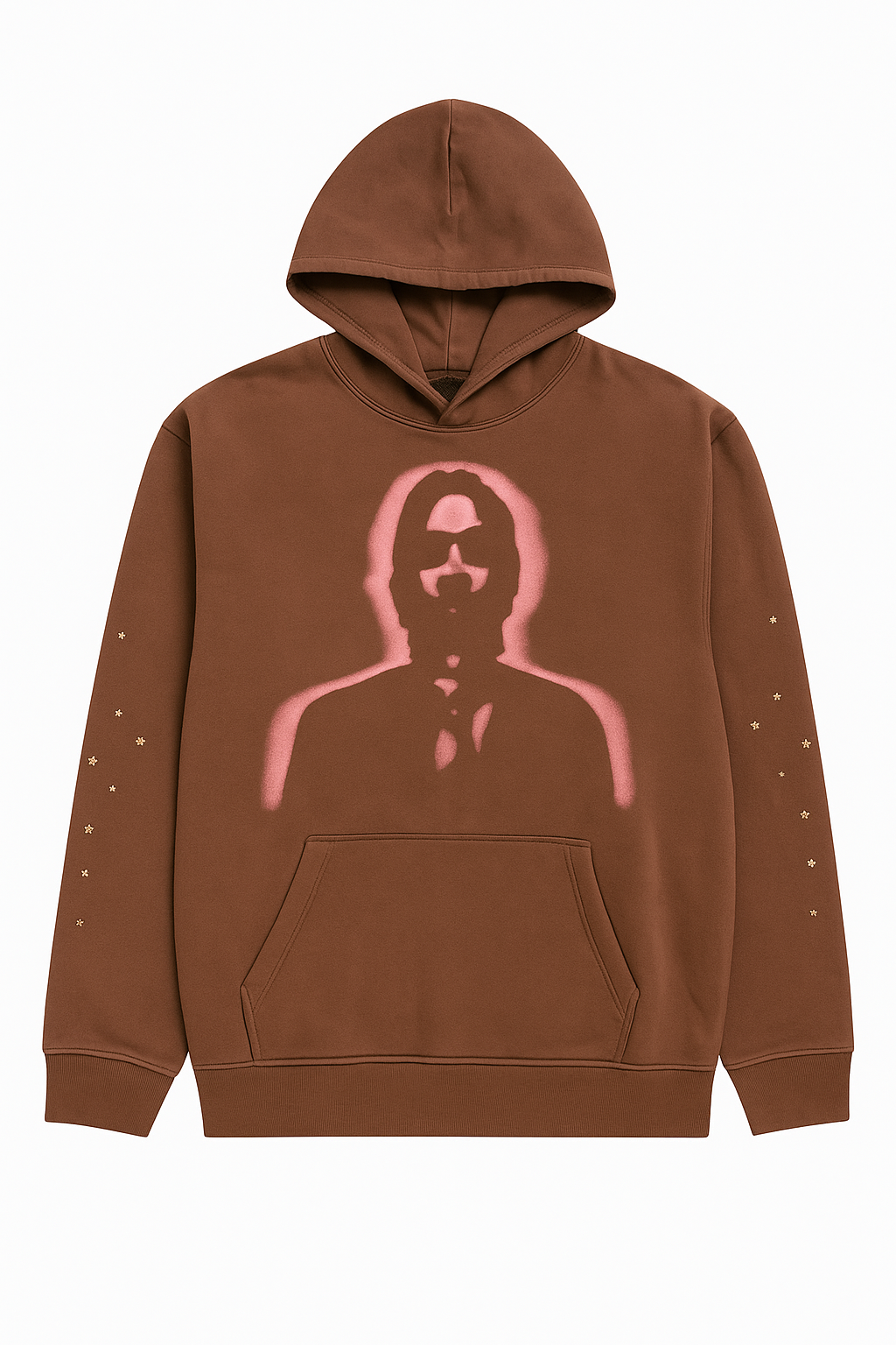Brown hoodie with pink graphic on a white background