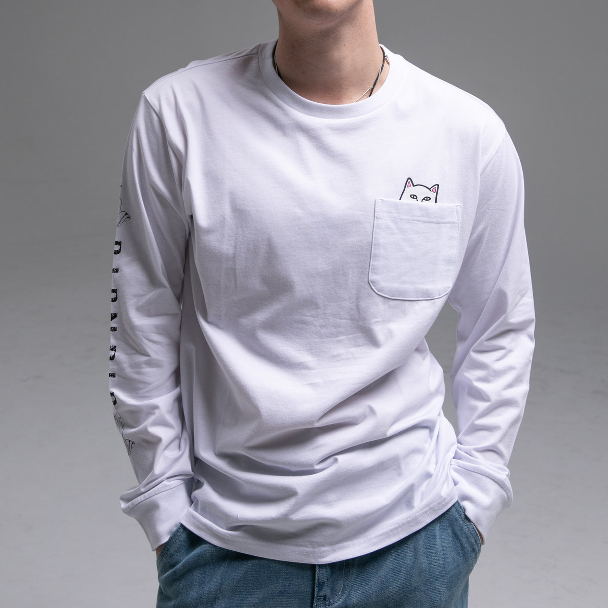 RIPNDIP Lord Nermal Long Sleeve Pocket Tee (Black/White)