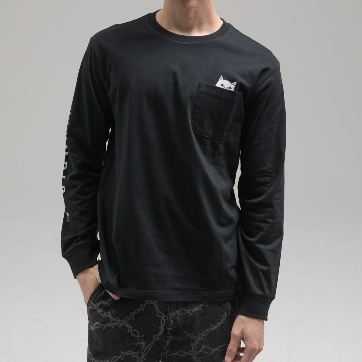 RIPNDIP Lord Nermal Long Sleeve Pocket Tee (Black/White)