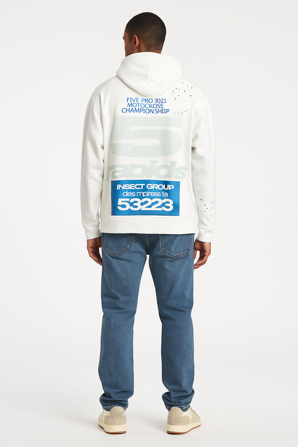 Person wearing a white hoodie with text on the back, standing against a white background